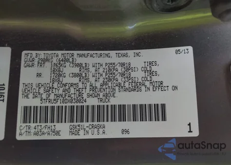 2013 Toyota Tundra Grade V6 z USA, uszkodzony, nr VIN 5TFRU5F10DX030024